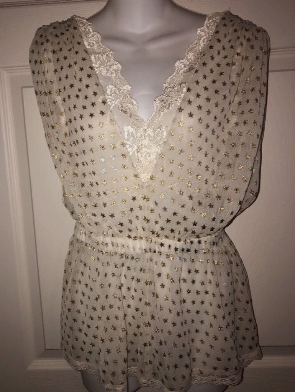 Free People Lace-trim Metallic Star Gold Tank Top